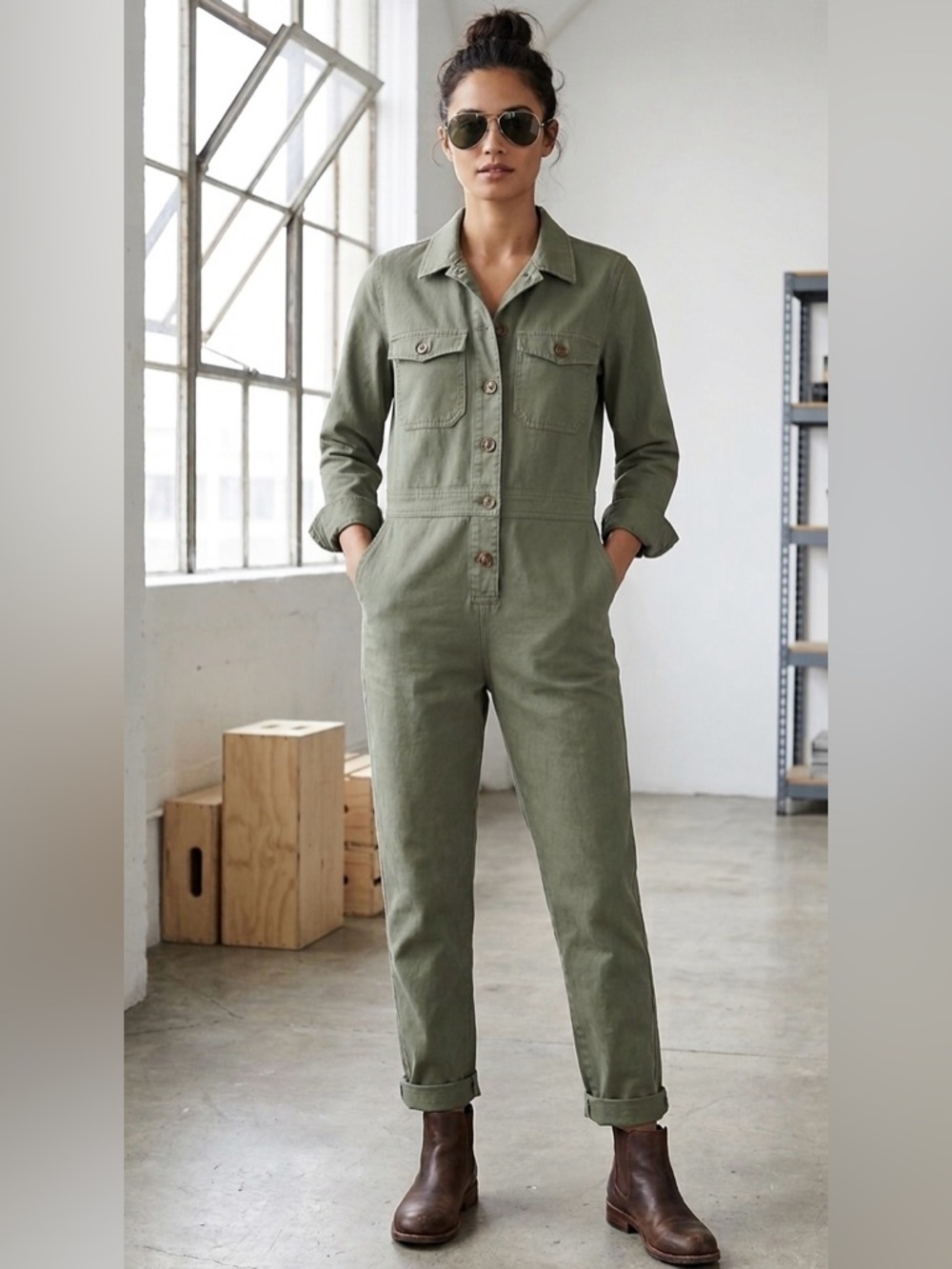J.Crew Olive Green Utility Jumpsuit | Button Front | Size 4 | Workwear Style